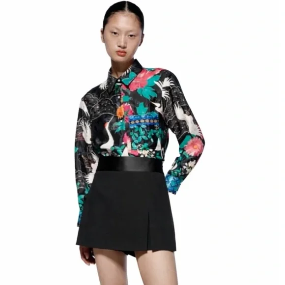 Zara Flowy Blouse with Floral And Crane Print Size XS Excellent Condition! - Picture 1 of 14